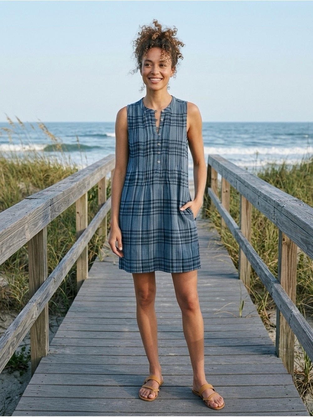 Faherty Isha Plaid Pintuck Organic Cotton Minidress